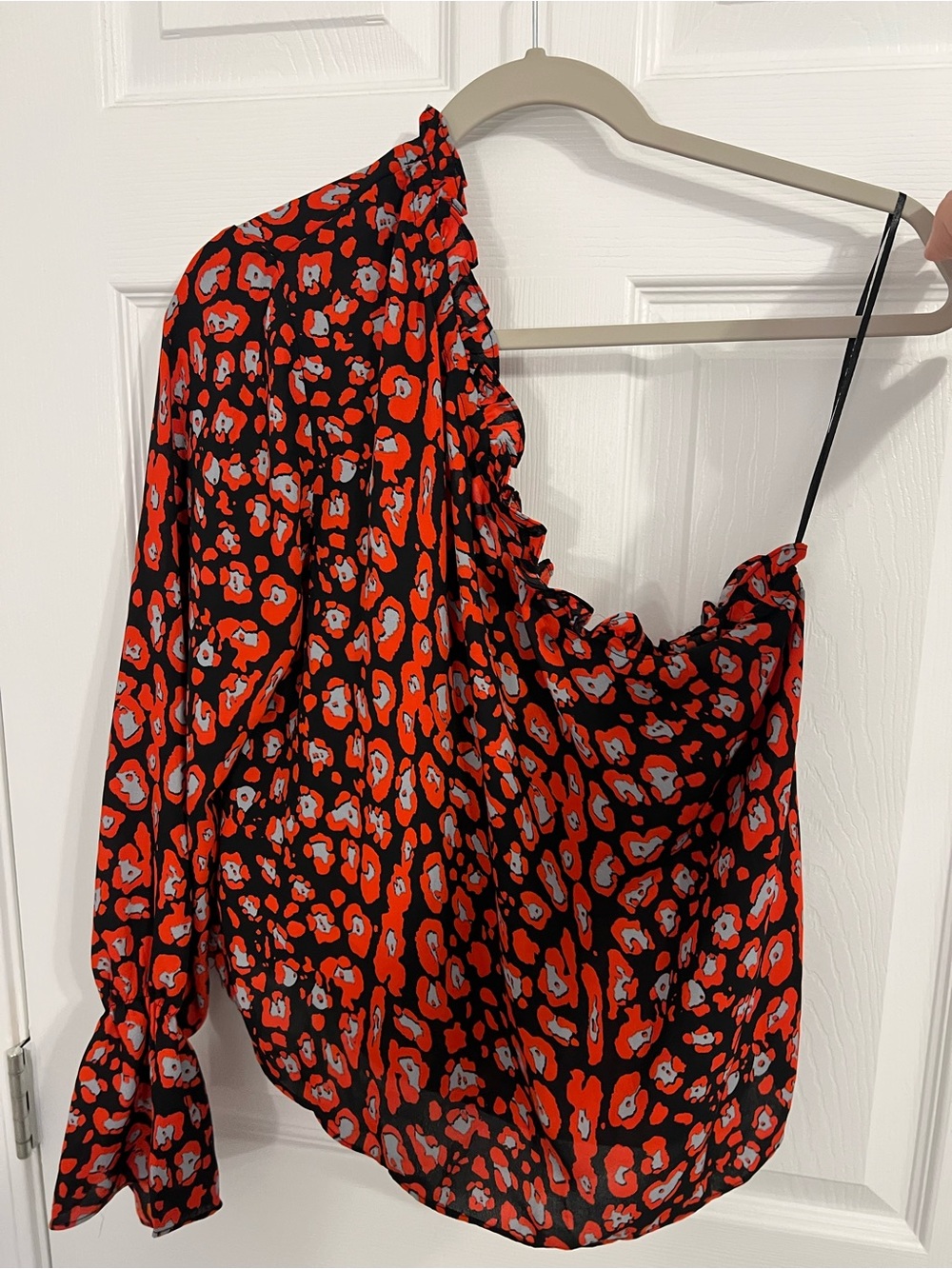 Buddy Love Asymmetric One-Shoulder Red and Black Leopard Print Top